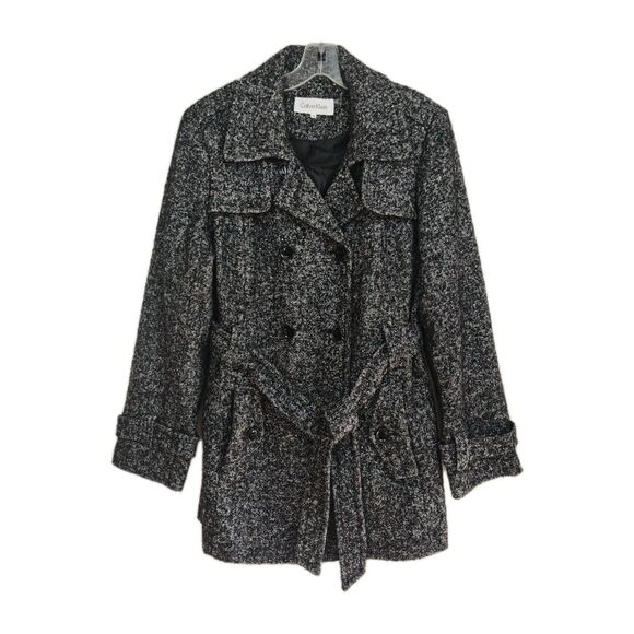 Calvin Klein Double-Breasted Pea Coat Women's 14 Gray Belted Wool Blend - Picture 1 of 7